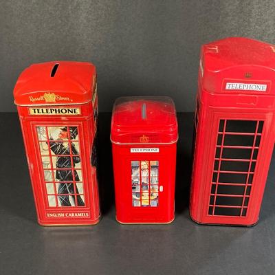 LOT 158: Vintage Telephone Message Center, Bates Cavalier List Finder and Three Telephone Bank / Tins