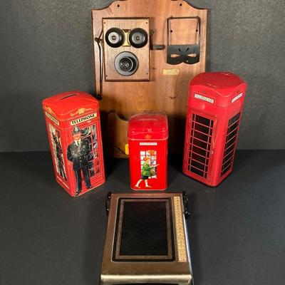 LOT 158: Vintage Telephone Message Center, Bates Cavalier List Finder and Three Telephone Bank / Tins