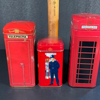 LOT 158: Vintage Telephone Message Center, Bates Cavalier List Finder and Three Telephone Bank / Tins