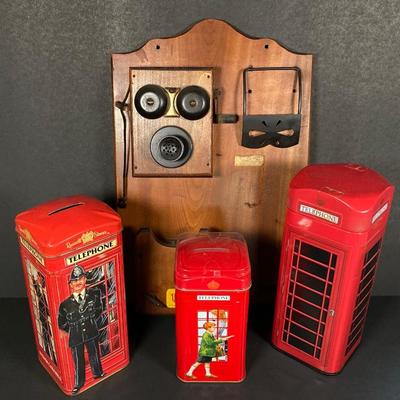 LOT 158: Vintage Telephone Message Center, Bates Cavalier List Finder and Three Telephone Bank / Tins