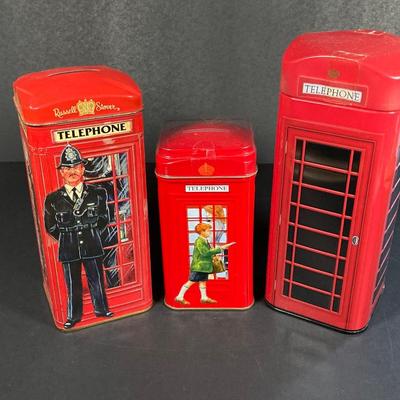 LOT 158: Vintage Telephone Message Center, Bates Cavalier List Finder and Three Telephone Bank / Tins