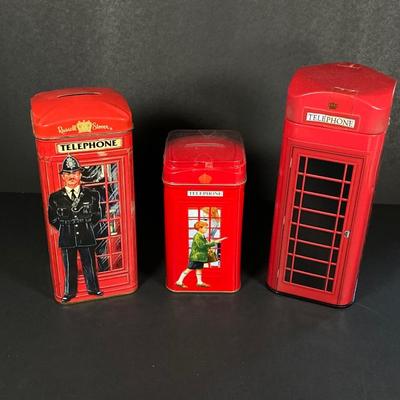 LOT 158: Vintage Telephone Message Center, Bates Cavalier List Finder and Three Telephone Bank / Tins