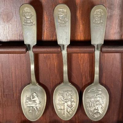 LOT 159: "The Bi-Centennial Spoon Collection" from The Franklin Mint with Wooden Display Rack