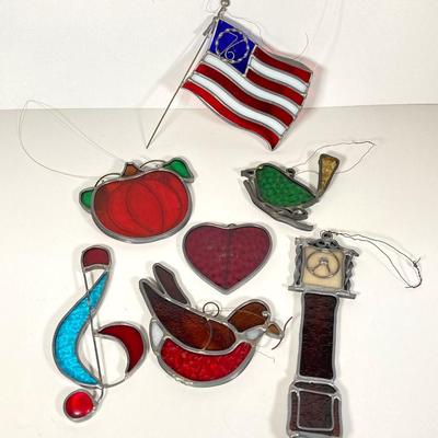 LOT 160: Stained Glass Collection - American Flag, Pumpkin, Heart, Birds, Musical Note and Tower Clock