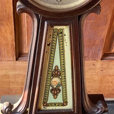 LOT 161: Vintage Alden Eight Day Banjo / George Washington Wall Clock with Key by The Sessions Clock Co