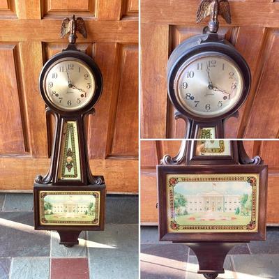 LOT 161: Vintage Alden Eight Day Banjo / George Washington Wall Clock with Key by The Sessions Clock Co