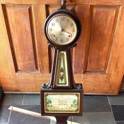 LOT 161: Vintage Alden Eight Day Banjo / George Washington Wall Clock with Key by The Sessions Clock Co