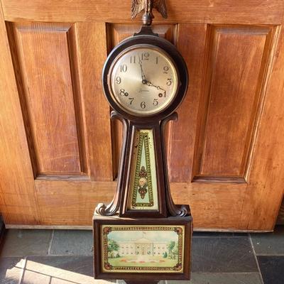 LOT 161: Vintage Alden Eight Day Banjo / George Washington Wall Clock with Key by The Sessions Clock Co