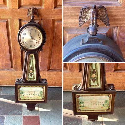 LOT 161: Vintage Alden Eight Day Banjo / George Washington Wall Clock with Key by The Sessions Clock Co
