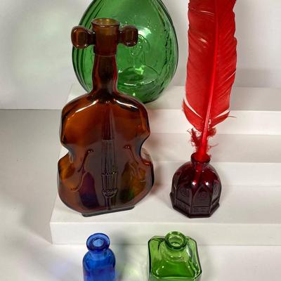 LOT 162: Colorful Glass Bottle Collection - Fislerville Glass Works Green Jenny Lind, Amethyst Colored, Violin Shaped, Wheaton Ink and More