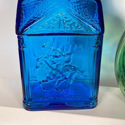 LOT 162: Colorful Glass Bottle Collection - Fislerville Glass Works Green Jenny Lind, Amethyst Colored, Violin Shaped, Wheaton Ink and More