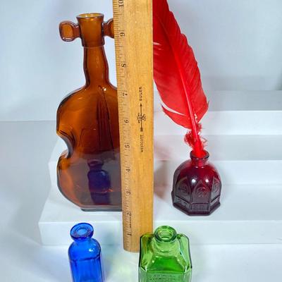 LOT 162: Colorful Glass Bottle Collection - Fislerville Glass Works Green Jenny Lind, Amethyst Colored, Violin Shaped, Wheaton Ink and More