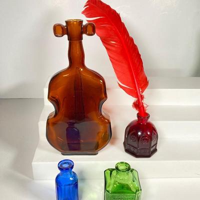 LOT 162: Colorful Glass Bottle Collection - Fislerville Glass Works Green Jenny Lind, Amethyst Colored, Violin Shaped, Wheaton Ink and More