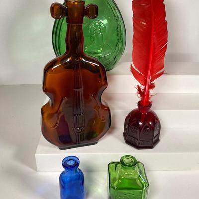 LOT 162: Colorful Glass Bottle Collection - Fislerville Glass Works Green Jenny Lind, Amethyst Colored, Violin Shaped, Wheaton Ink and More
