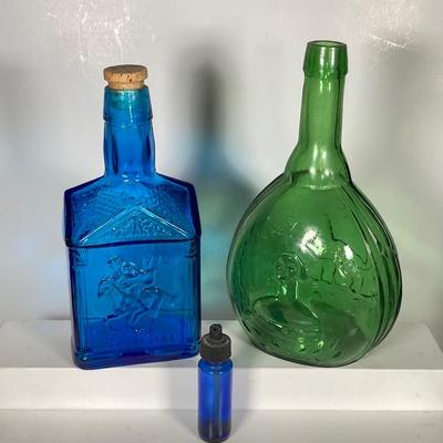 LOT 162: Colorful Glass Bottle Collection - Fislerville Glass Works Green Jenny Lind, Amethyst Colored, Violin Shaped, Wheaton Ink and More