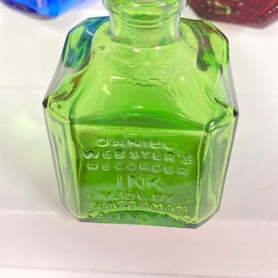 LOT 162: Colorful Glass Bottle Collection - Fislerville Glass Works Green Jenny Lind, Amethyst Colored, Violin Shaped, Wheaton Ink and More