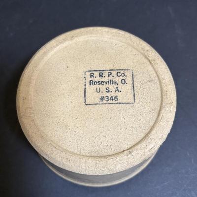 LOT 190: Vintage Stoneware: Blue 9" Made in USA Mixing Bowl, Roseville USA #346 Small Crock & Made in USA Red Spongeware Pitcher