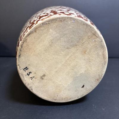 LOT 190: Vintage Stoneware: Blue 9" Made in USA Mixing Bowl, Roseville USA #346 Small Crock & Made in USA Red Spongeware Pitcher