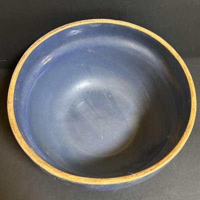 LOT 190: Vintage Stoneware: Blue 9" Made in USA Mixing Bowl, Roseville USA #346 Small Crock & Made in USA Red Spongeware Pitcher