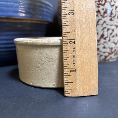 LOT 190: Vintage Stoneware: Blue 9" Made in USA Mixing Bowl, Roseville USA #346 Small Crock & Made in USA Red Spongeware Pitcher