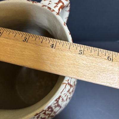 LOT 190: Vintage Stoneware: Blue 9" Made in USA Mixing Bowl, Roseville USA #346 Small Crock & Made in USA Red Spongeware Pitcher