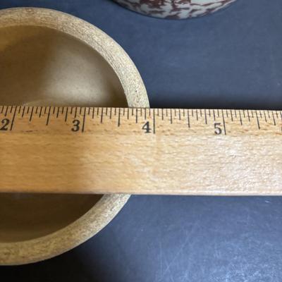 LOT 190: Vintage Stoneware: Blue 9" Made in USA Mixing Bowl, Roseville USA #346 Small Crock & Made in USA Red Spongeware Pitcher