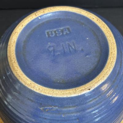 LOT 190: Vintage Stoneware: Blue 9" Made in USA Mixing Bowl, Roseville USA #346 Small Crock & Made in USA Red Spongeware Pitcher