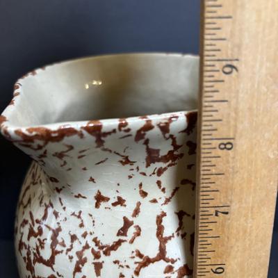 LOT 190: Vintage Stoneware: Blue 9" Made in USA Mixing Bowl, Roseville USA #346 Small Crock & Made in USA Red Spongeware Pitcher