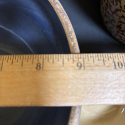 LOT 190: Vintage Stoneware: Blue 9" Made in USA Mixing Bowl, Roseville USA #346 Small Crock & Made in USA Red Spongeware Pitcher