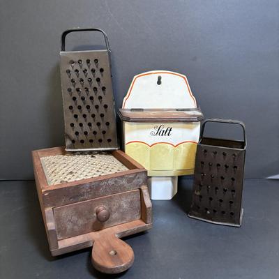 LOT 191: Antique Salt Box INGE w/Wooden Lid made in Germany, Wooden Box Grater w/Drawer & Vintage Metal Graters