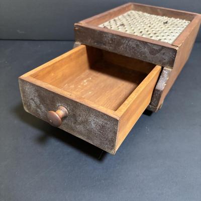LOT 191: Antique Salt Box INGE w/Wooden Lid made in Germany, Wooden Box Grater w/Drawer & Vintage Metal Graters