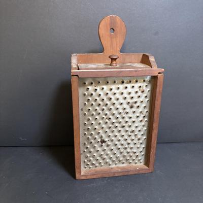 LOT 191: Antique Salt Box INGE w/Wooden Lid made in Germany, Wooden Box Grater w/Drawer & Vintage Metal Graters