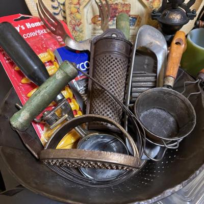 LOT 192: Vintage Primitive Colandar w/Vintage Kitchen Utensils, Anchor Hocking Fire King Coffee/Tea Mug, Unmarked Frog Coffee/Tea Mugs...