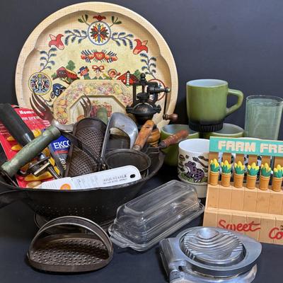 LOT 192: Vintage Primitive Colandar w/Vintage Kitchen Utensils, Anchor Hocking Fire King Coffee/Tea Mug, Unmarked Frog Coffee/Tea Mugs...