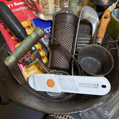 LOT 192: Vintage Primitive Colandar w/Vintage Kitchen Utensils, Anchor Hocking Fire King Coffee/Tea Mug, Unmarked Frog Coffee/Tea Mugs...