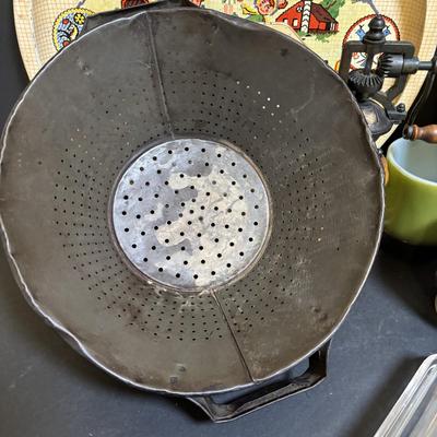 LOT 192: Vintage Primitive Colandar w/Vintage Kitchen Utensils, Anchor Hocking Fire King Coffee/Tea Mug, Unmarked Frog Coffee/Tea Mugs...