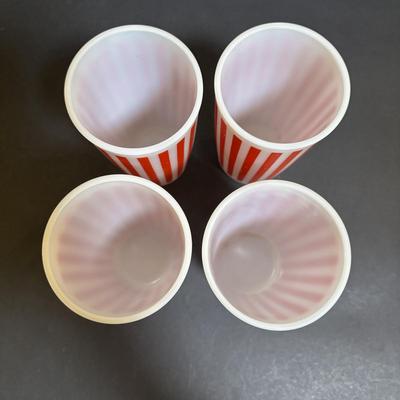 LOT 93: Vintage Hazel Atlas Collections of Glassware: Set of 4 Red Candy Stripe & White Tumblers, Moderntone Platonite...