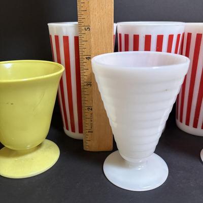LOT 93: Vintage Hazel Atlas Collections of Glassware: Set of 4 Red Candy Stripe & White Tumblers, Moderntone Platonite...