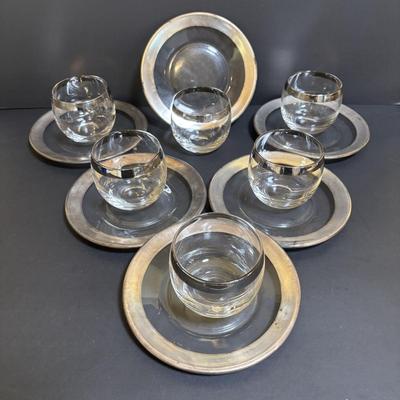 LOT 194: MCM Silver Rim Roly-Poly Glasses w Matching Silver Rim Hors d'oeuvre/Dessert Plates