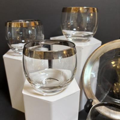 LOT 194: MCM Silver Rim Roly-Poly Glasses w Matching Silver Rim Hors d'oeuvre/Dessert Plates