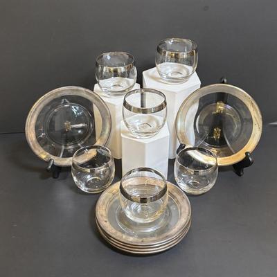 LOT 194: MCM Silver Rim Roly-Poly Glasses w Matching Silver Rim Hors d'oeuvre/Dessert Plates