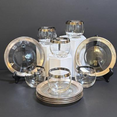 LOT 194: MCM Silver Rim Roly-Poly Glasses w Matching Silver Rim Hors d'oeuvre/Dessert Plates
