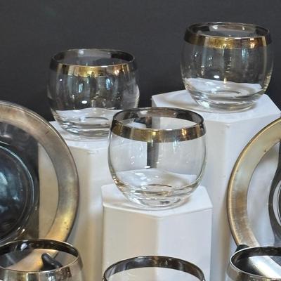 LOT 194: MCM Silver Rim Roly-Poly Glasses w Matching Silver Rim Hors d'oeuvre/Dessert Plates