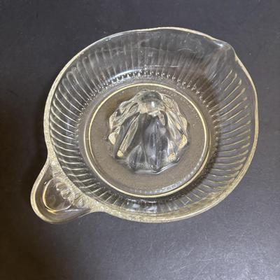 LOT 195: Vintage Orange Juice Serving Pitcher, Tomato Juice Serving Pitched, MCM Tilted Clear Pitcher, Anchor Hocking Tulip Jar w/Lid,...