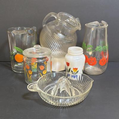 LOT 195: Vintage Orange Juice Serving Pitcher, Tomato Juice Serving Pitched, MCM Tilted Clear Pitcher, Anchor Hocking Tulip Jar w/Lid,...