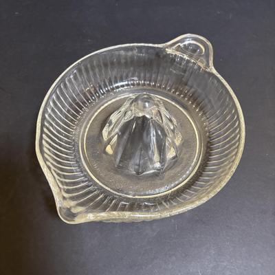 LOT 195: Vintage Orange Juice Serving Pitcher, Tomato Juice Serving Pitched, MCM Tilted Clear Pitcher, Anchor Hocking Tulip Jar w/Lid,...