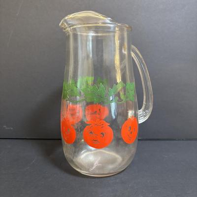 LOT 195: Vintage Orange Juice Serving Pitcher, Tomato Juice Serving Pitched, MCM Tilted Clear Pitcher, Anchor Hocking Tulip Jar w/Lid,...