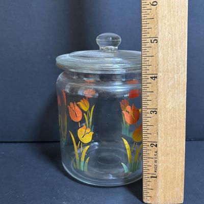 LOT 195: Vintage Orange Juice Serving Pitcher, Tomato Juice Serving Pitched, MCM Tilted Clear Pitcher, Anchor Hocking Tulip Jar w/Lid,...