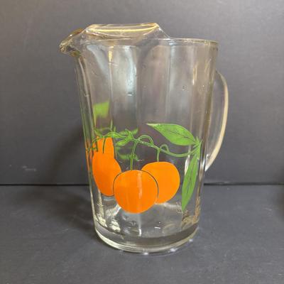 LOT 195: Vintage Orange Juice Serving Pitcher, Tomato Juice Serving Pitched, MCM Tilted Clear Pitcher, Anchor Hocking Tulip Jar w/Lid,...