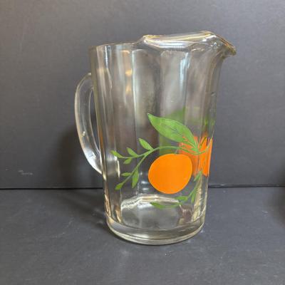 LOT 195: Vintage Orange Juice Serving Pitcher, Tomato Juice Serving Pitched, MCM Tilted Clear Pitcher, Anchor Hocking Tulip Jar w/Lid,...